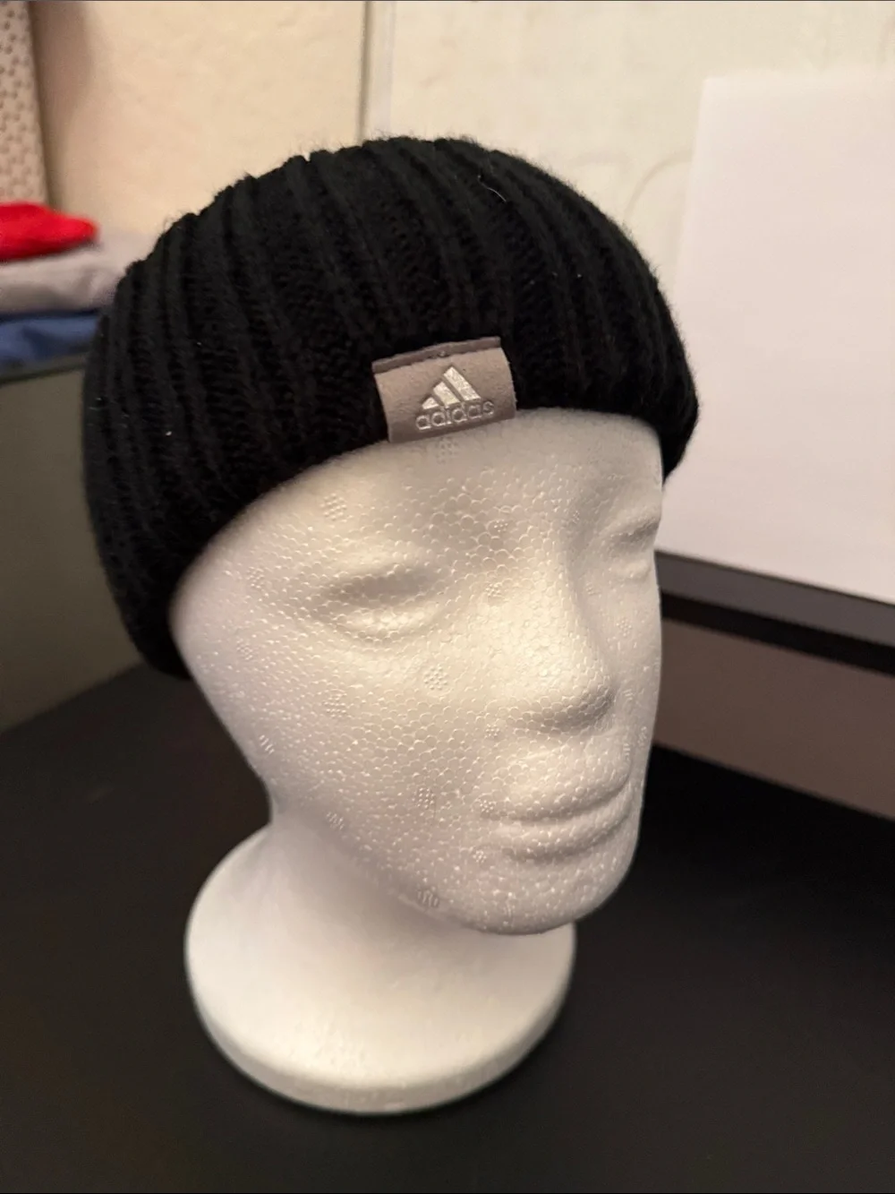 adidas Black Ribbed Knit Cuffed Beanie with Logo Patch